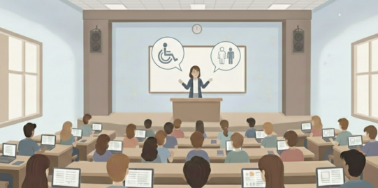 Illustration einer Vorlesung: Ein Seminarraum, in dem viele Studierende mit aufgeklapptem Laptop sitzen und nach vorne schauen. Vorne steht eine Dozentin, über ihr zwei Sprechblasen mit einem Rollstuhl und zwei Personen