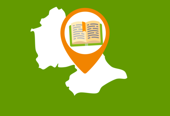 Ausschnitt einer Landkarte, in dem ein aufgeschlagenes Buch zu sehen ist