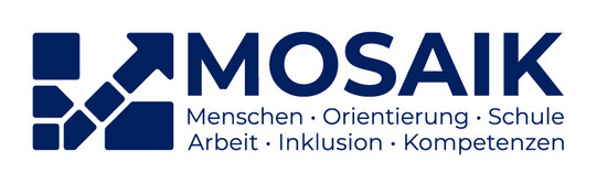 Das Bild zeigt das Logo von „MOSAIK“. Links sind dunkelblaue, geometrische Formen zu sehen, die an ein Mosaik erinnern. Sie symbolisieren Vielfalt und Zusammenhalt. Daneben steht der Begriff "MOSAIK" in Großbuchstaben und dunkelblauer Schrift. Unter dem Namen „MOSAIK“ stehen mehrere Begriffe: „Menschen“, „Orientierung“, „Schule“, „Arbeit“, „Inklusion“ und „Kompetenzen“. Diese Begriffe verdeutlichen den Fokus der Organisation auf die Unterstützung und Integration von Menschen in verschiedenen Lebensbereichen.