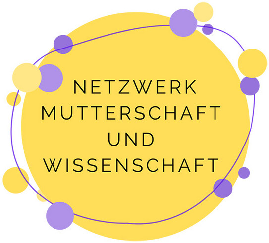 Gelber Kreis mit kleinen lila Kreisen im Hintergrund. Netzwerk Mutterschaft und Wissenschaft im Vordergrund.