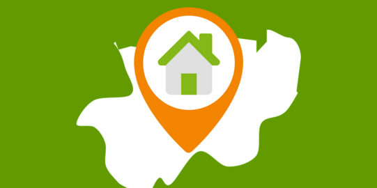 Ausschnitt einer Landkarte, die ein Haus mit grüner Tür und grünem Dach zeigt