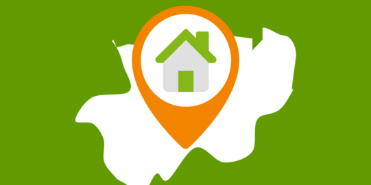 Ausschnitt einer Landkarte, die ein Haus mit grüner Tür und grünem Dach zeigt