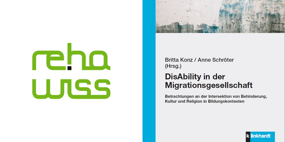 Logo der Fakultät Rehabilitationswissenschaften auf der linken Seite, rechts daneben das Cover des Sammelbandes