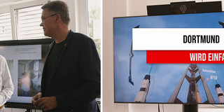 Vertr.-Prof. Dr. Bastian Pelka im Gespräch mit Dortmunds Oberbürgermeister Thomas Westphal. Rechts ist die Schrift "Dortmund wird einfacher" zu sehen