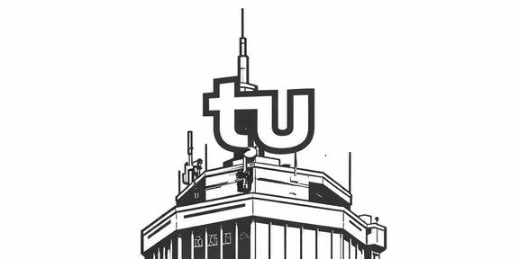 Icon der TU Dortmund: stilisierte Hochhausfassade mit großem „tu“-Logo auf dem Dach