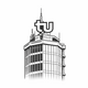 Icon der TU Dortmund: stilisierte Hochhausfassade mit großem „tu“-Logo auf dem Dach