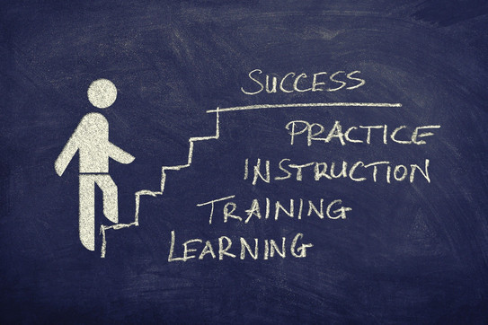 Gezeichnete Darstellung eines Männchens, welches die folgenden Stufen aufsteigt: Learning, Training, Instrucion, Practice, Success