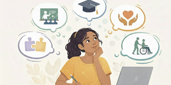 Eine Frau in gelbem T-Shirt sitzt vor einem aufgeklappten Laptop am Tisch und überlegt. Über ihr von links nach rechts Denkblasen: zwei ineinandergesteckte Puzzleteile, Studierende, die eine Tafel betrachten, ein Doktorhut, ein Herz in zwei Händen, zwei Personen, von denen eine die andere im Rollstuhl schiebt
