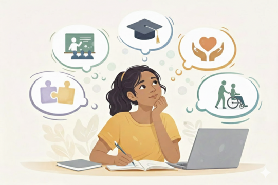 Eine Frau in gelbem T-Shirt sitzt vor einem aufgeklappten Laptop am Tisch und überlegt. Über ihr von links nach rechts Denkblasen: zwei ineinandergesteckte Puzzleteile, Studierende, die eine Tafel betrachten, ein Doktorhut, ein Herz in zwei Händen, zwei Personen, von denen eine die andere im Rollstuhl schiebt