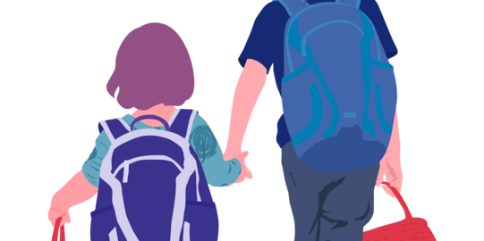 Zwei Kinder von hinten laufen Hand in Hand