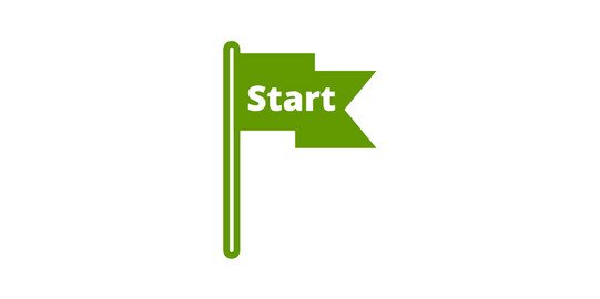 Piktogramm einer Fahne mit der Aufschrift "Start" an einem Fahnenmast
