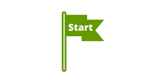 Piktogramm einer Fahne mit der Aufschrift "Start" an einem Fahnenmast