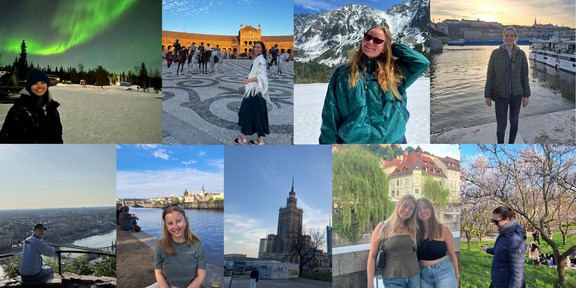 Collage Studierende vor Sehenswürdigkeiten europäischer Länder Collage Studierende vor Sehenswürdigkeiten europäischer Länder