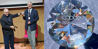 Auf dem linken Bild sieht man, wie der Award an Herrn Bühler vergeben wird. Er und ein weiterer Mann schauen in die Kamera und halten den Award in den Händen. Auf dem rechten Foto ist der Award erkennbar. Er ähnelt einem durchsichtigen Diamanten und ist beschriftet. Gut erkennbar in großer Schrift findet man den Namen des Awards: aaate.