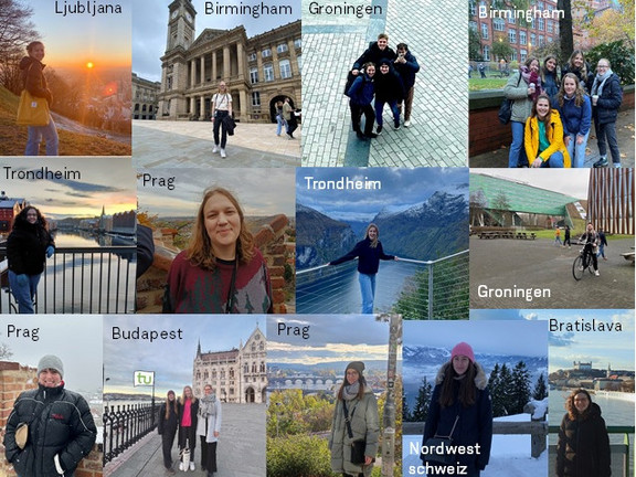 Collage mit Bildern von Studierenden an verschiedenen Orten in den Partnerländern