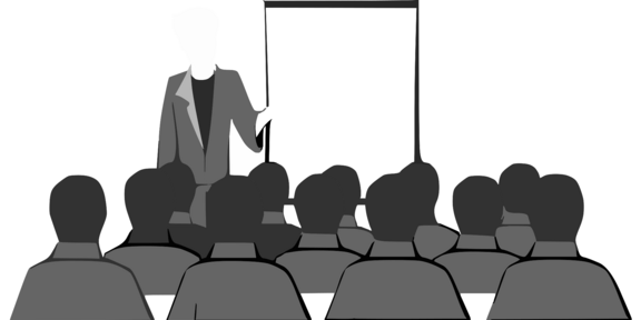 Skizze eines Vortrages in grau gezeichnet mit weißen Hintergrund.