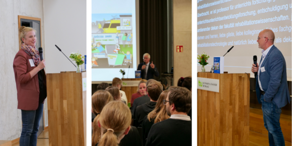 Eine Collage aus drei Bildern. Auf dem ersten ist Prorektorin Frau Prof. Dr. Wiederkehr zu sehen, die vor einem Rednerpult steht und in ein Mikrofon spricht. Auf dem zweiten Bild sieht man Prof. Dr. Christian Bühler, der zu einem Publikum spricht. Auf dem dritten Bild ist Herr Prof. Dr. Jan Kuhl zu sehen, der vor einem Rednerpult steht und in ein Mikrofon spricht.