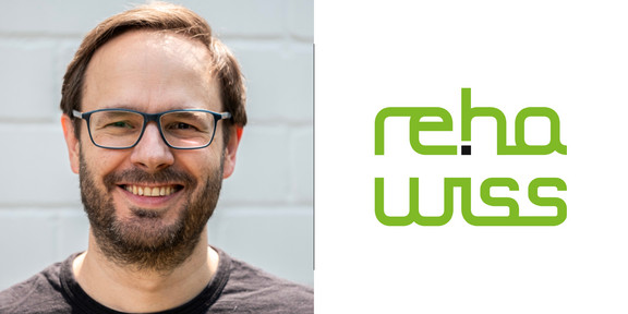 Auf der rechten Seite ist die Schriftmarke reha der Fakultät Rehabilitationswissenschaften. Links ein Porträtfoto von Prof. Dr. Jens Gerken.