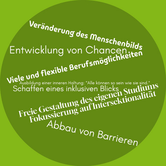 Es sind in weißer Schrift auf grünem Hintergrund verschiedene Vorteile des Studiengangs Rehabilitationspädagogik in einer Wordcloud angeführt