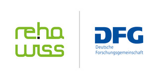 In der linken Bildhälfte ist der Schriftzug "RehaWiss" zu sehen, rechts daneben "DFG - Deutsche Forschungsmeinschaft"