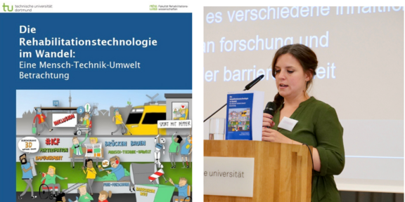 Eine Collage aus zwei Bildern. Auf dem linken Bild ist ein blaues Buchcover mit einem Wimmelbild, welches Menschen mit verschiedenen Behinderungen und assistive Technologien zeigt, zu sehen. Der Titel lautet "Die Rehabilitationstechnologie im Wandel: eine Mensch-Technik-Umwelt Betrachtung". Die Autoren sind Vanessa Heitplatz und Leevke Wilkens. Leevke Wilkens ist die Herausgeberin. Am unteren Rand steht: "Eine Festschrift anlässlich des 20-jährigen Bestehens des Fachgebietes Rehabilitationstechnologie und der Verabschiedung von Prof. Dr.-Ing. Christian Bühler". Auf dem rechten Bild sieht man Frau Dr. Vanessa Heitplatz, die auf einem Podium steht und in ein Mikrofon spricht. Vor ihr ist ein Rednerpult, auf dem ein blaues Buch steht.