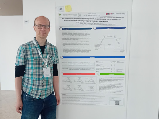 Ein Mann mit blauen TShirt und ein ernster Blick steht vor ein Poster in einen weißen Flur.