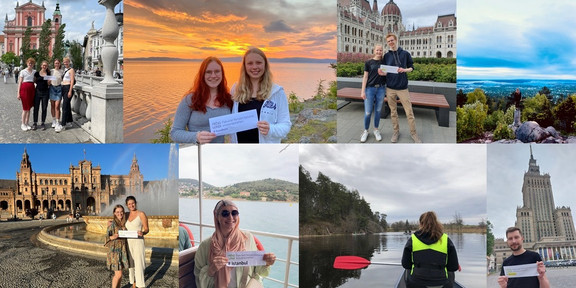 Collage_Outgoings SoSe2022 Collage of students in front of buildings and nature