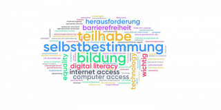 Mindmap aus verschiedenen Begriffen zum Thema Selbstbestimmung. In der Mitte stehen die Wörter Selbstbestimmung, Teilhabe, Barrierefreiheit, Herausforderung und Bildung.