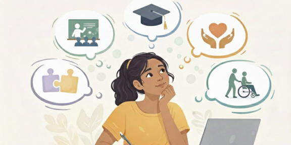 In der Mitte ist eine Frau zu sehen, um sie herum sind von links nach rechts Sprechblasen mit: Puzzleteilen, Lehrveranstaltung, Doktorhut, Herz, Rollstuhl  