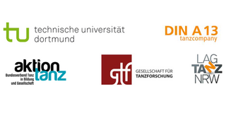 Logos der Technischnischen Universität Dortmund und der Kooperationspartner der Veranstaltung: DIN A13 tanzcompany, LAG TANZ NRW, Gesellschaft für Tanzforschung, aktion tanz