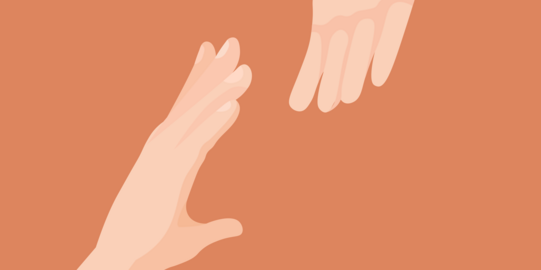 Aufeinander zukommende Hände auf orangenem Hintergrund