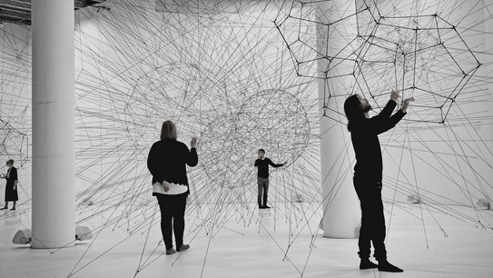Personen in einem Raum zu sehne, in welchem Netze, Linien, geometrische Gebilde sind.