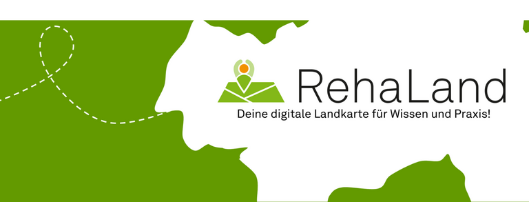 Auf der rechten Bildseite sieht man eine weiße Landkarte auf grünem Grund. Darauf ist das Logo von RehaLand mit dem Schriftzug "RehaLand - Deine digitale Landkarte für Wissen und Praxis!" zu sehen.