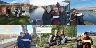 Collage_Outgoings_21-22 Collage von Studierenden, die das Fakultätslogo hochhalten