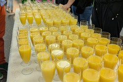 Das Foto zeigt eine große Anzahl von Sektgläsern, die mit Sekt und Orangensaft gefüllt sind. Die Gläser stehen dicht nebeneinander auf einem weißen Tisch mit einer Tischdecke.