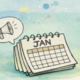Illustration einer Terminerinnerung: Ein Kalender, der auf der Seite Januar aufgeeschlagen ist, darüber eine Sprechblase mit einer Abbildung eines Lautsprechers