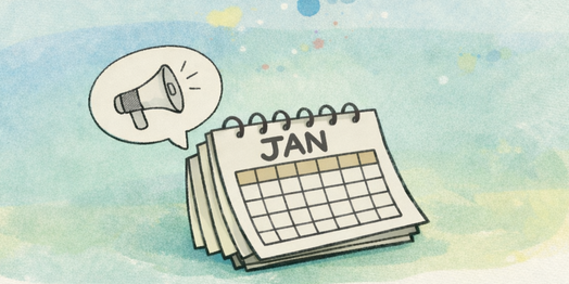 Illustration einer Terminerinnerung: Ein Kalender, der auf der Seite Januar aufgeeschlagen ist, darüber eine Sprechblase mit einer Abbildung eines Lautsprechers