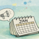 Illustration einer Terminerinnerung: Ein Kalender, der auf der Seite Januar aufgeeschlagen ist, darüber eine Sprechblase mit einer Abbildung eines Lautsprechers