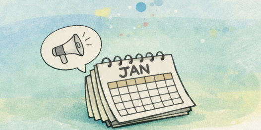 Illustration einer Terminerinnerung: Ein Kalender, der auf der Seite Januar aufgeeschlagen ist, darüber eine Sprechblase mit einer Abbildung eines Lautsprechers