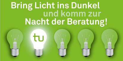 Einladungsflyer zu der Nacht der Beratung der TU Dortmund. Text: Bring Licht ins Dunkel und komm zur Nacht der Beratung!