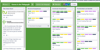 Foto eines Boards auf der Plattform "Trello". Es existieren vier Spalten mit den Titeln "Über dieses Board", "Musische Kompetenzen", "Emotionale Kompetenzen" und "Persönlichkeit und Identität". In jeder Spalte sind die Spiele aufgelistet, die die jeweilige Kompetenz vermitteln.