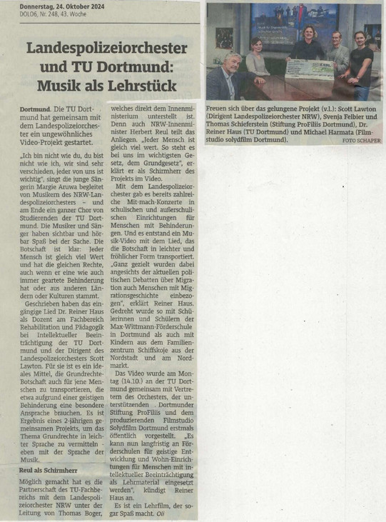 Scan eines Zeitungsartikels aus den Ruhrnachrichten vom 24.10.2024 mit der Überschrift "Landespolizeiorchester und TU Dortmund: Musik als Lehrstück".