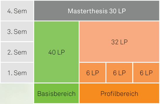Visualisierung des Ablaufs des Masterstudiengangs Rehabilitationswissenschaften in 4 Semestern