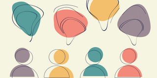 Vier bunte Symbolen von Menschen mit vier bunten Sprechblasen über den Köpfen