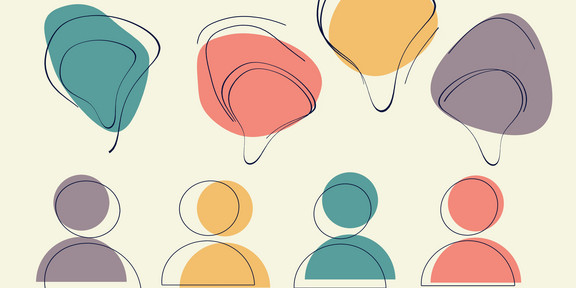 Vier bunte Symbolen von Menschen mit vier bunten Sprechblasen über den Köpfen