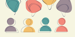 Vier bunte Silhouetten von Menschen und vier bunte Sprechblasen über ihren Köpfen.