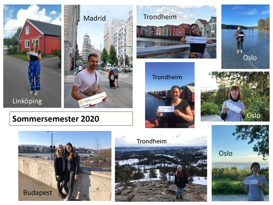 Collage mit Bildern Studierender der Fakultät vor Sehenswürdigkeiten ihrer Partnerstädte