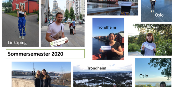 Collage mit Bildern Studierender der Fakultät vor Sehenswürdigkeiten ihrer Partnerstädte