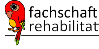 Das Logo der Fachschaft: Der rote Papagei mit Aufschrift "Fachschaft Rehabilitationswissenschaften".