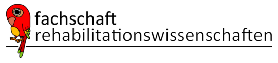 Das Logo der Fachschaft: Der rote Papagei mit Aufschrift "Fachschaft Rehabilitationswissenschaften".